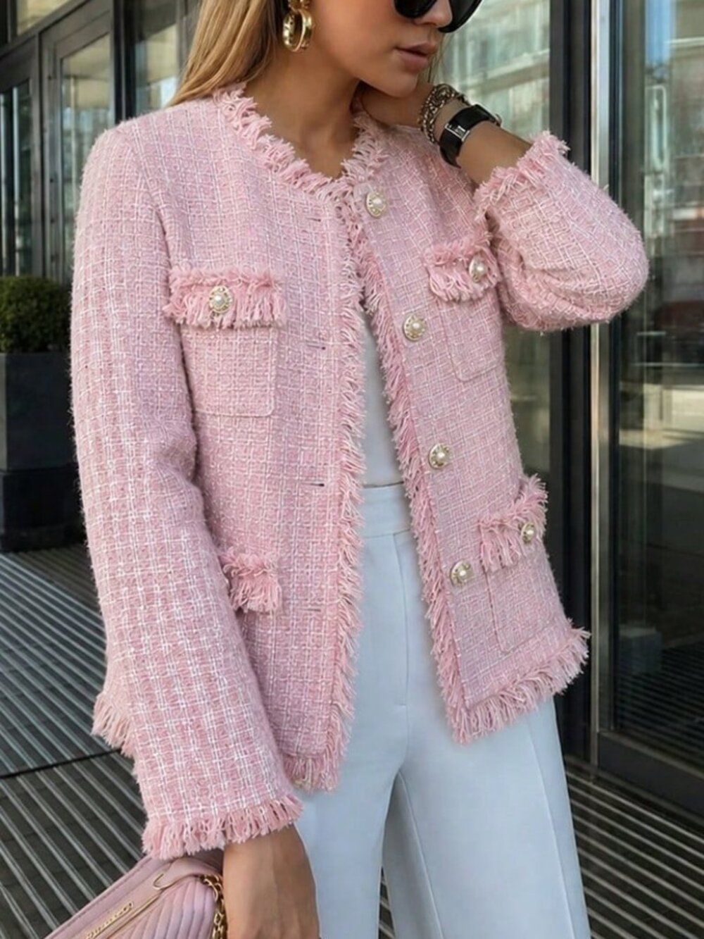Pink Elegant Women's Tweed Regular Fit Button Pocket Round Neck Short Jacket
